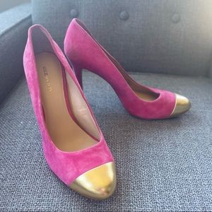 Fushia - Hot Pink Suede Heels with Gold Leather Toe